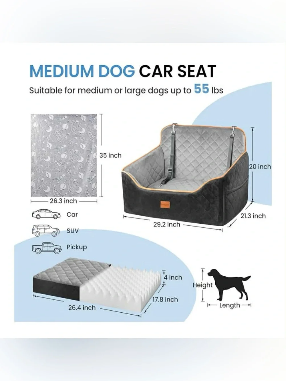 Quilted Pet Car Seat Booster - Gray with Tan Trim